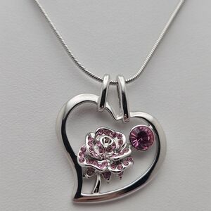 Disney Beauty and the Beast Rose Necklace Rose and Heart Silver-Tone